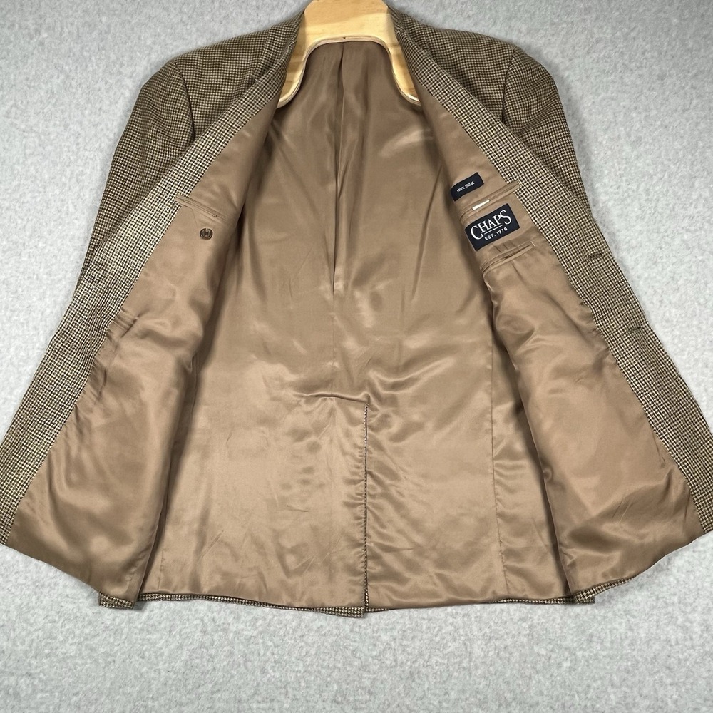 Men's Chaps Ralph Lauren 100% Silk Tan Houndstooth 2-Button 44L Blazer Jacket - Picture 3 of 11